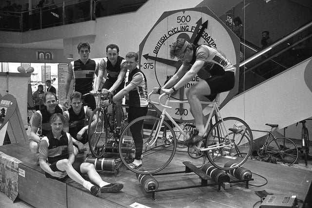 A group of top riders from Ribble Valley cyling club used a lot of pedal power to break their own record in a sponsored relay marathon. The event took place in the Rotunda of St George's Shopping Centre, Preston. Taking part in the relay were Andrew Tabernacle, Tim Lawson, Dave Winship, Chris Towart, Peter Slater, Sam Halshaw and Ian Hodges