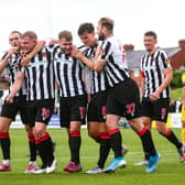 Chorley's Ollie Shenton, centre, celebrates after scoring in the 4-1 win over Chester earlier in the season