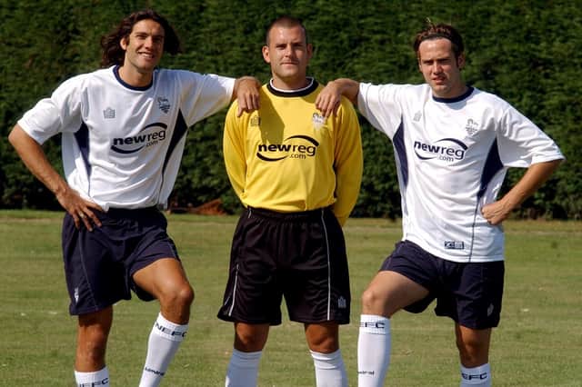 George Koumantarakis, David Lucas and Eric Skora in the 2003/04 Preston North End kit