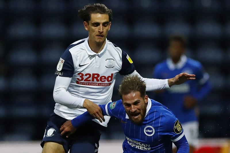 Preston North End's Tom Bayliss (left) and Brighton and Hove Albion's Alexis Mac Allister battle for the ball during the Carabao Cup third round match at Deepdale Stadium, Preston. Credit: Jason Cairnduff/NMC Pool/PA Wire.
