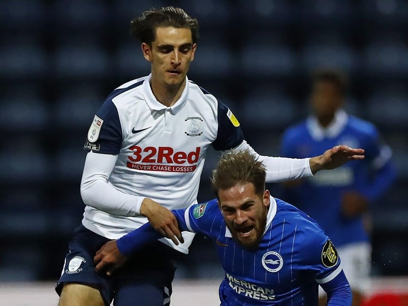 Preston North End's Tom Bayliss (left) and Brighton and Hove Albion's Alexis Mac Allister battle for the ball during the Carabao Cup third round match at Deepdale Stadium, Preston. Credit: Jason Cairnduff/NMC Pool/PA Wire.