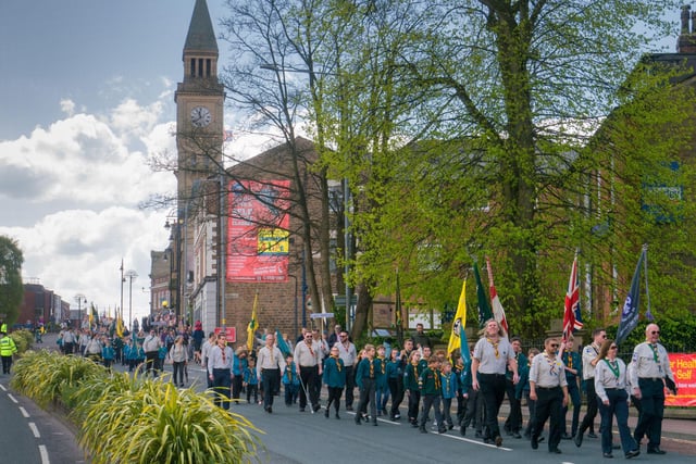 Scouts walk past Chorley Town Hall