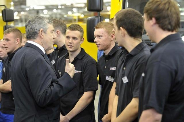 Gordon Brown visiting Leyland Trucks, Croston Road, Farrington Moss in 2009. Picture Shows: Gordon Brown chatting with worker Lewis Walker