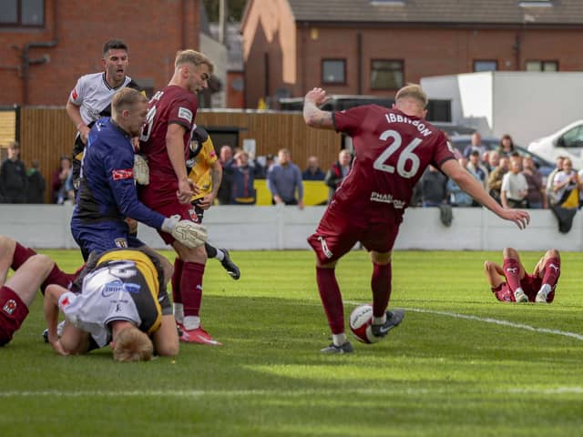 Harry Ibbitson fires home the winner against congleton Town (photo: David Airey/dia_images)