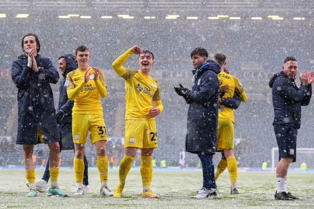 Preston North End’s Finlay Cross-Adair celebrates after the match with Jacob Slater, Lewis Coulton and Alvaro Fernandez