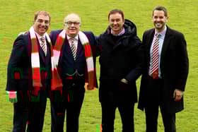 Morecambe co-chairmen Graham Howse and Rod Taylor, manager Derek Adams and director James Wakefield have all been waiting for a takeover to happen Picture: Michael Williamson