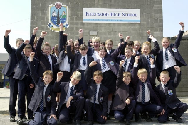 Fleetwood High School head teacher Margaret Dudley and pupils from year 7 celebrate the news that a new school is to be built on the Broadway site