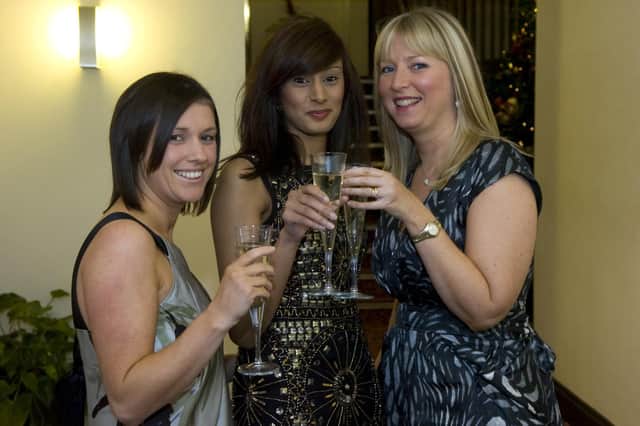 Donna Helm, Firoza Desai and Jeanette Turver ready to celebrate at their Christmas party at Barton Grange Hotel in 2009