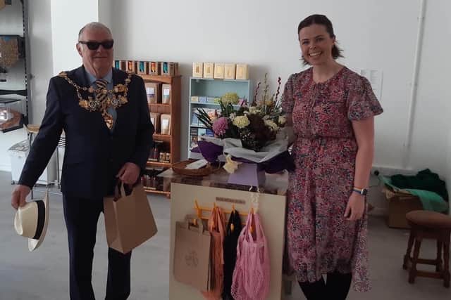 The Mayor of Chorley, Coun Steve Holgate  performs the official opening of zero waste shop Reeds Refillery in Market Street