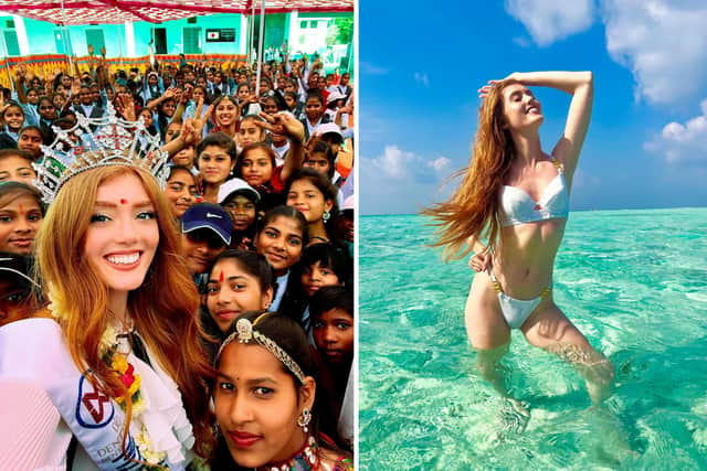 Reigning Miss England, Jessica Gagen, being mobbed like royalty during a visit to India.