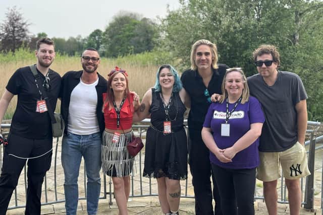 Pop-rock band Busted with members of the press at Higher Point Festival in Lancaster.