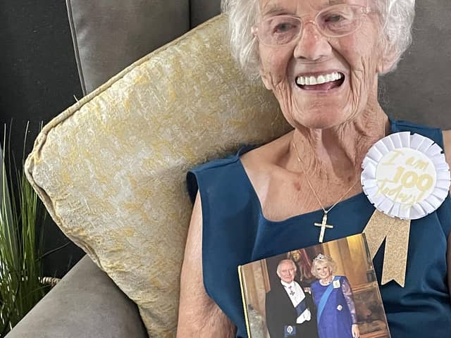 The Old Vicarage care home resident Beatrice Peters (pictured) celebrated her 100th birthday yesterday (Tuesday) with a cake, balloons, a telegram from the King and even a tiara!