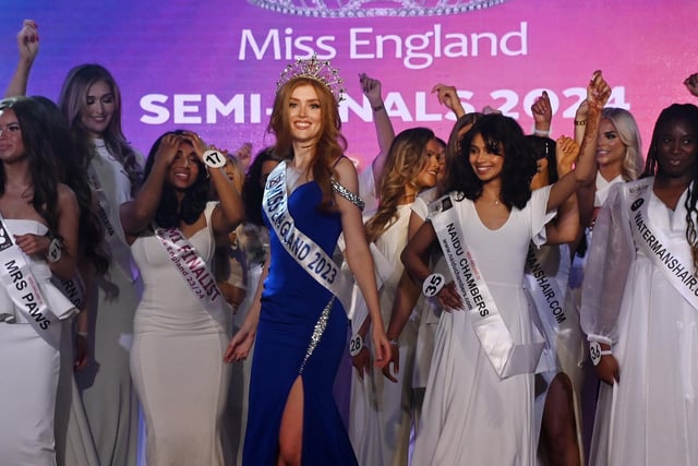 The Current Miss England Jessica Gagen (in blue) an engineer and STEM ambassador from Skelmersdale, on stage with possible future Miss England, at the Miss England 2024 semi final competition,  held at Viva Blackpool.