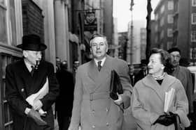 Leader of the Labour party Clement Attlee (L) and members of the National Executive Committee (NEC) of the Labour party Harold Wilson (C) and Barbara Castle (R) leave Transport house, on March 30, 1955 after the Committee had decided against the expulsion of Aneurin Bevan. (Photo by - / United Press Photos / AFP) / France ONLY        (Photo credit should read -/AFP via Getty Images)