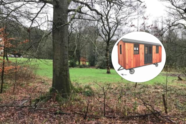 Four shepherd's huts - in the style of the one pictured - will be sited in the grounds of Rivington Hall Barn (image via Chorley Council planning portal)