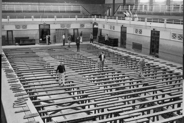This picture was taken in 1969 and shows workmen putting down the flooring which would become the famous ballroom - as Saul Street Baths doubled up as a dancing venue