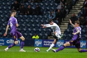 Preston North End's Tom Cannon sees his shot blocked by Coventry City's Kyle McFadzean