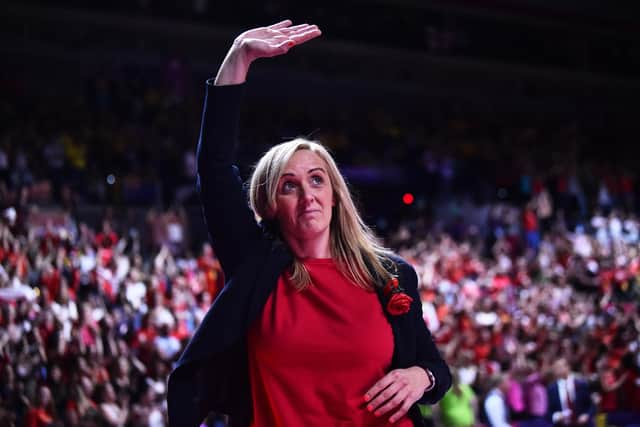 LIVERPOOL, ENGLAND - JULY 21: Tracey Neville of England waves the crowd during the bronze medal match between England and South Africa at M&S Bank Arena on July 21, 2019 in Liverpool, England. (Photo by Nathan Stirk/Getty Images)