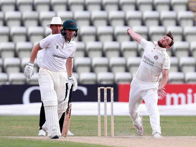 Lancashire's Edwin Moulton bowling during day four of the Bob Willis Trophy match at Blackfinch New Road, Worcester. PA Photo. Picture date: Tuesday August 4, 2020. See PA story CRICKET Lancashire. Photo credit should read: Martin Rickett/PA Wire. 

RESTRICTIONS: Editorial use only. No commercial use without prior written consent of the ECB. Still image use only. No moving images to emulate broadcast. No removing or obscuring of sponsor logos.