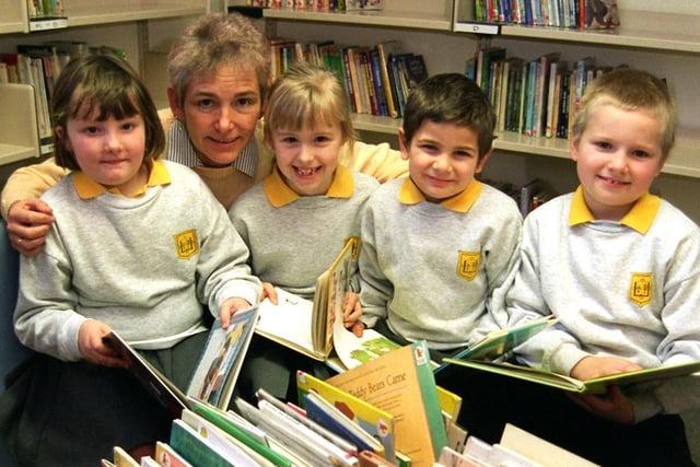 Linda Walsh, the head teacher of St. Anthony's RC Primary School, Fulwood, Preston, with four of her pupils (from left) Gemma Edwards, Zara Bridge, Harry Kampz and Robert Ward