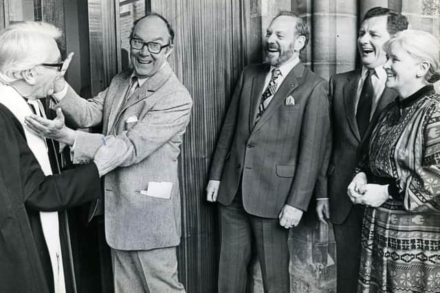 Eric Morecambe greets Rev Amos Cresswell at the opening of sheltered accommodation in Lancaster on his last visit to Lancashire