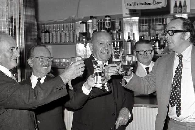 Eric Morecambe celebrates becoming president of Morecambe Football Club in August 1969