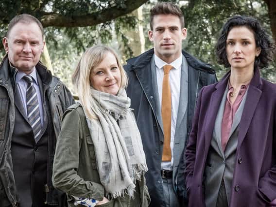 Robert Glenister as Bobby Day, Lesley Sharp as Lucy Cannonbury, Dino Fetscher as Alec Wayfield, and Indira Varma as Nina Suresh in ITVs drama Paranoid