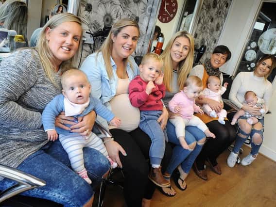 Lucy Wilson with Harriet, Andrea Heyhurst with Freddie, Sarah Hartley with Penelope, Jane Dewhurst with Mia and Abbey Holt with Isla