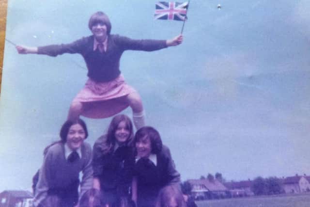 School was definitely fun as Jackie Ingham ( nee Eastham)  and her friends at St Cecilia's show. Jackie is  on top of her pals
Next row from left Mary Rainford. Janet Wareing, Beverley Kelsall
Bottom row from left :
Angela Gornall,  Veronica Hunt. Susan Small, Angela Cookson.