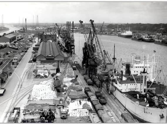 Elevated view of Preston docks in 1960