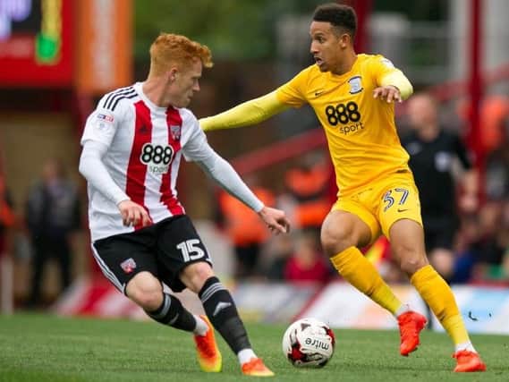 Callum Robinson on the ball  during PNE's 5-0 defeat at Griffin Park back in September.