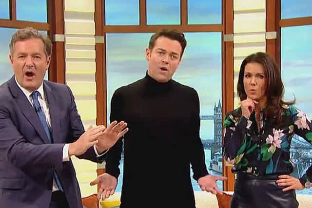 Stephen Mulhern on the Good Morning Britain set with Piers Morgan and Susanna Reid