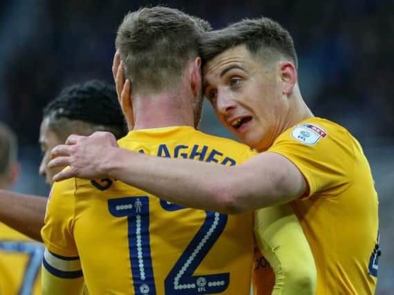 Jordan Hugill and Paul Gallagher celebrate the opening goal but it was another bad night for PNE at St James' Park.