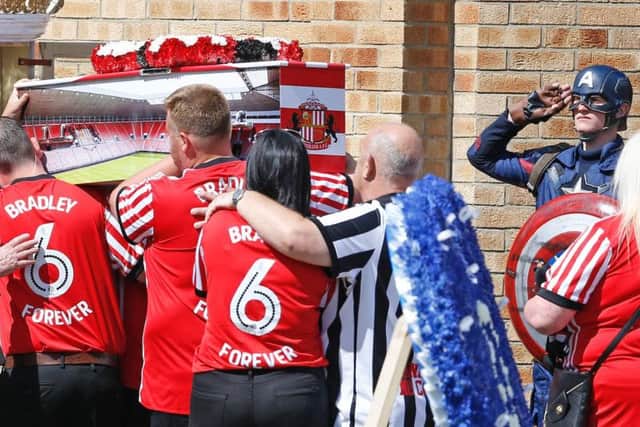 The coffin of Bradley Lowery, the six-year-old football mascot whose cancer battle captured hearts around the world, arrives at St Joseph's Church for his funeral in Blackhall, County Durham.