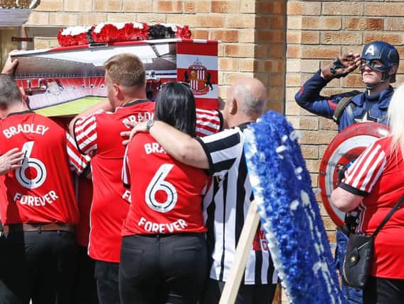 The coffin of Bradley Lowery, the six-year-old football mascot whose cancer battle captured hearts around the world, arrives at St Joseph's Church for his funeral in Blackhall, County Durham.