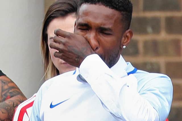 Jermain Defoe outside St Joseph's Church in Blackhall, County Durham