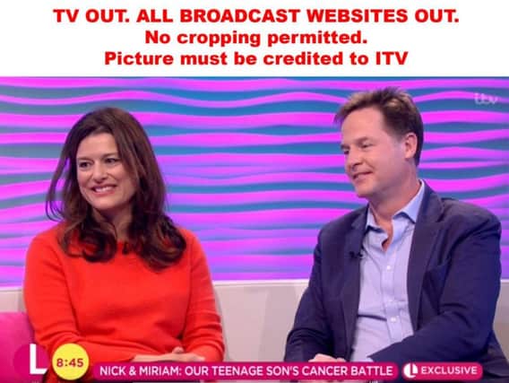 Nick Clegg and wife Miriam Gonzalez Durantez appearing on ITV's Lorraine show, talking about how their son Antonio, now 15, was diagnosed with Hodgkin lymphoma in September last year