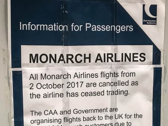 A sign at Gatwick Airport after Monarch Airlines collapsed into administration