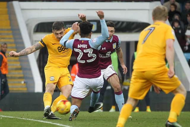 Jordan Hugill scores for PNE against Aston Villa last season