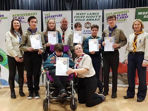 West Lancashire Chief Gold Award: Euxton ROF (Black with scarlet border)
Adlington (Sky blue with royal blue border)
1st Euxton Methodist (Brown with orange border)
Mayfield (Dark blue with a double border of white then red)
Chorley Explorers (Black with Scout purple border)