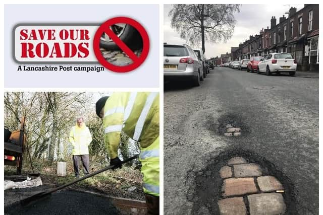 Bottom left: The pothole repair team at work. Right: Cobbles showing through the potholes in Railway Road, Chorley.