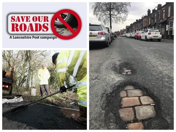 Bottom left: The pothole repair team at work. Right: Cobbles showing through the potholes in Railway Road, Chorley.