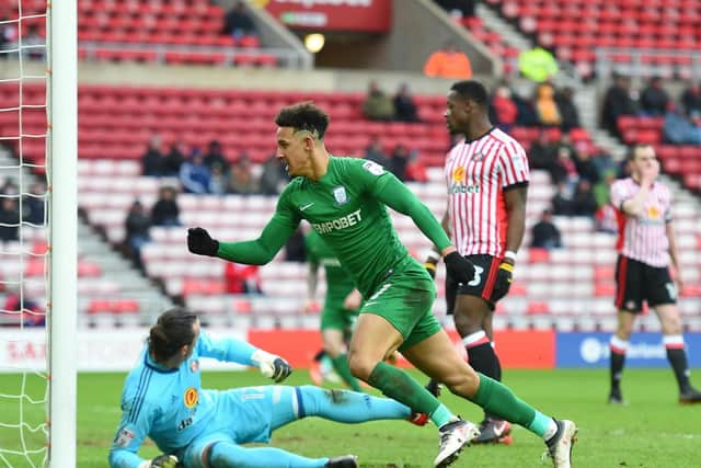 Callum Robinson scores PNE's second goal in their win at Sunderland.