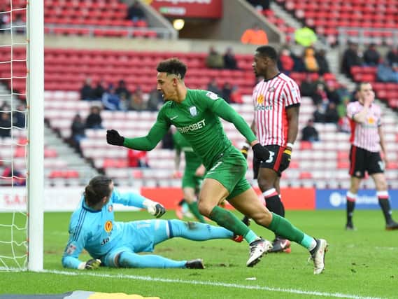 Callum Robinson scores PNE's second goal in their win at Sunderland.