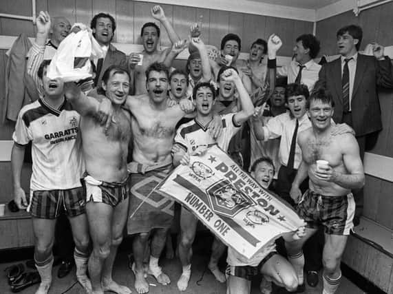 The PNE squad celebrate promotion at Orient in April 1987