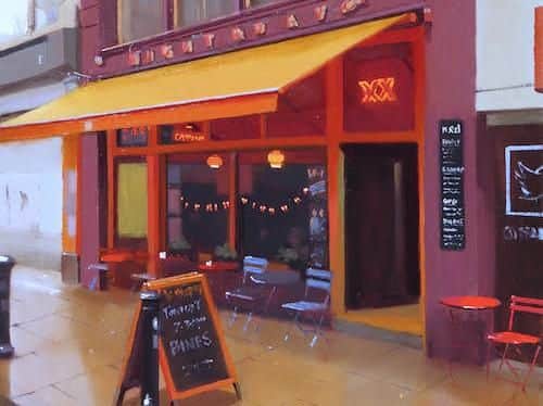 Close up of part of 'Night and Day' Manchester  painting by Michael Ashcroft