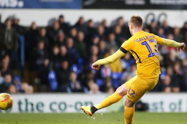 Paul Gallagher scores PNE's equaliser at Ipswich