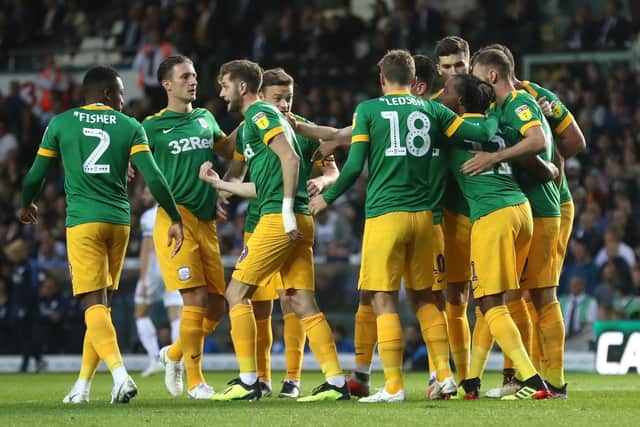 Preston players celebrate Daniel Johnson's goal in the 2-0 win against Leeds in the Carabao Cup in August