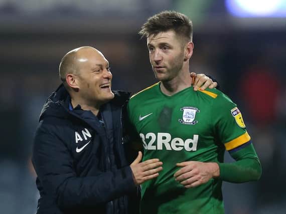 Preston boss Alex Neil with Paul Gallagher after the win over QPR on Saturday