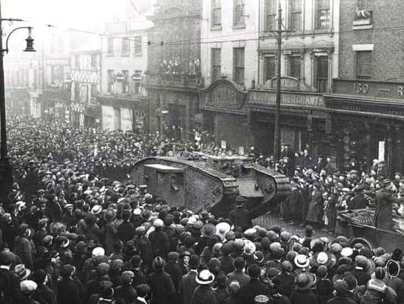 Egbert makes its way along Fishergate in January 1918, heralding the start of Tank Week